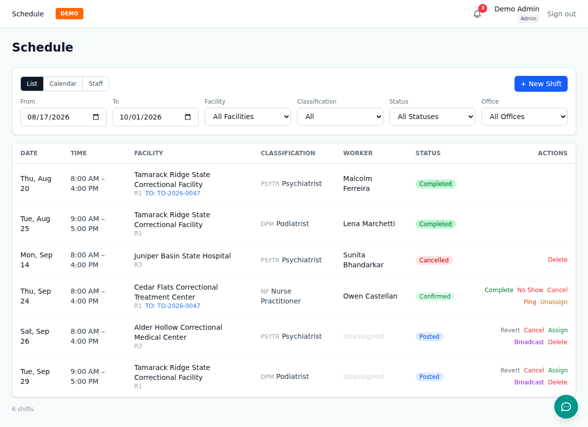 Voraevo schedule view listing six demo shifts with the facility, classification, assigned worker, and status of each