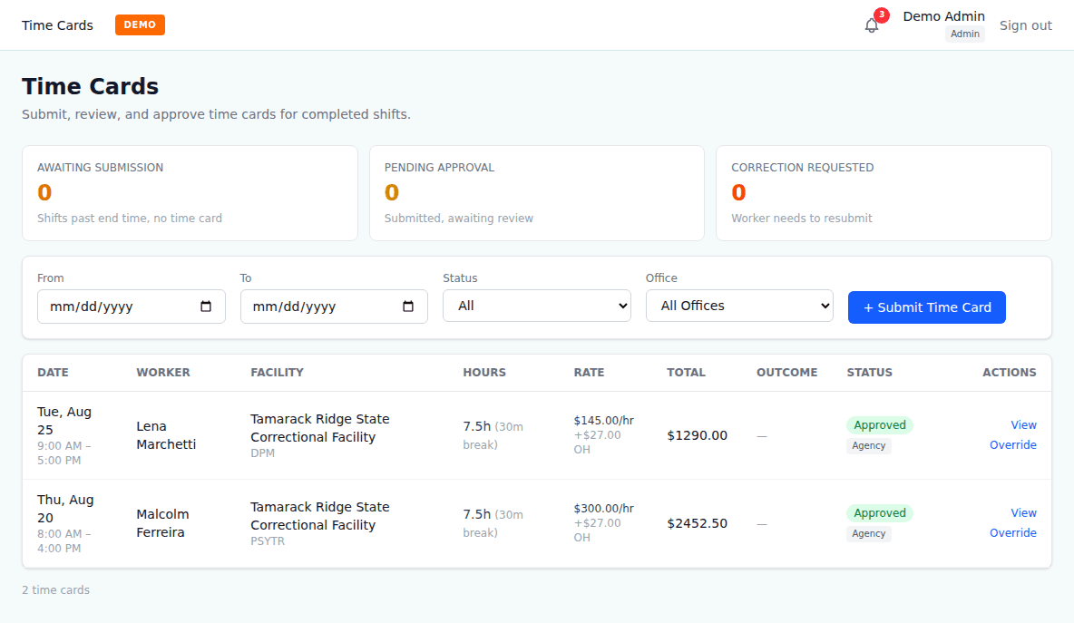 Voraevo time cards view showing approved demo time cards with hours, rates, totals, and approval status
